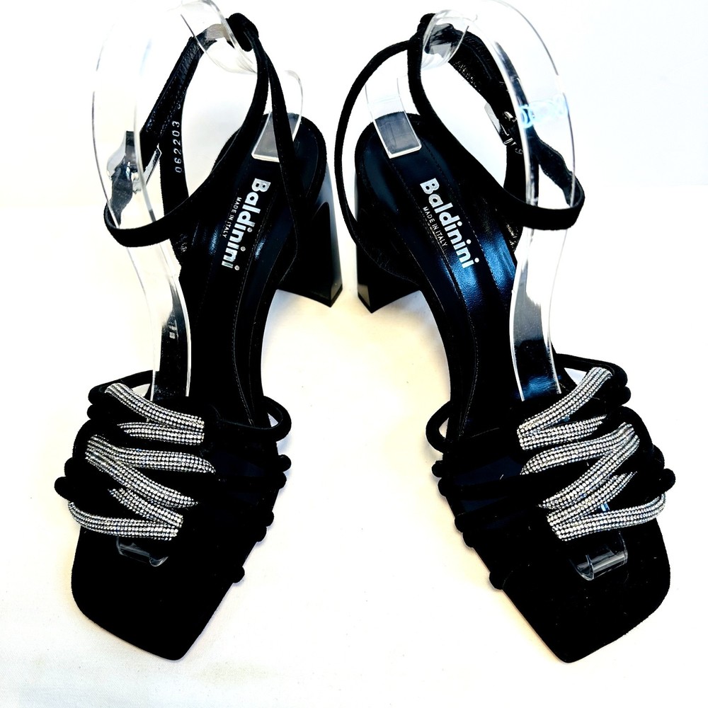 New Baldinini Danecy Heels Black Suede Crystal Ankle Strap Sandals SZ 39/US 9